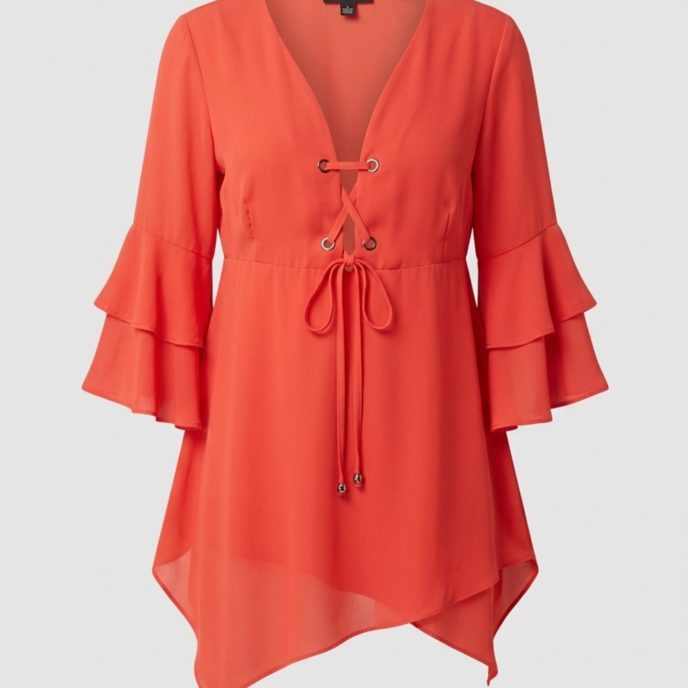 Deep Red Coral Lace-Up Ruffle Sleeve Blouse